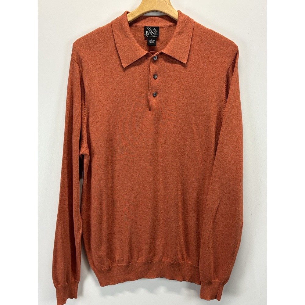 Jos A Bank 100% Silk Sweater Sz Large Mens Orange Collar 3 Button Fine Knit